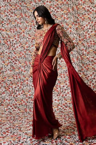 Payal & Zinal Solid Pre-Draped Saree With Embroidered Blouse 