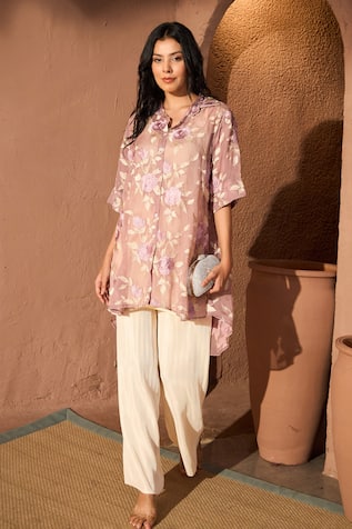 Tasuvure Indes Elahe High-Low Embroidered Shirt Tunic With Pleated Pant 