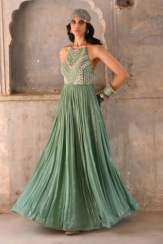 Chamee and Palak Ezra Pleated Embroidered Gown 