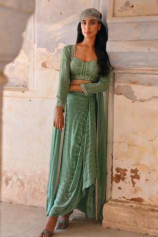 Chamee and Palak Tessa Embroidered Cape Draped Skirt Set 