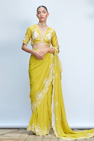 Priyanka Jain Floral Aari Embroidered Pre-Draped Saree With Blouse 