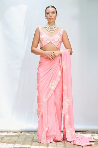 Priyanka Jain Floral Embroidered Pre-Draped Saree With Blouse 