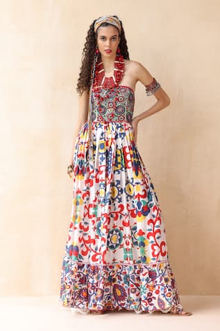 Payal Jain Malika Gul Double Print Off Shoulder Maxi Dress 