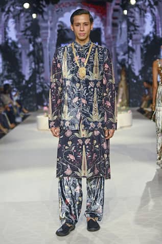 PS Men by Payal Singhal Velvet Forest Whisper Print Bundi Kurta Set 