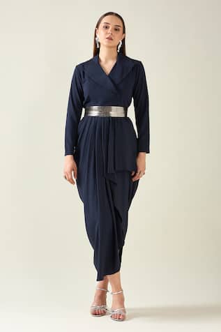 Solid Notch Collar Draped Dress With Metallic Belt For Kids