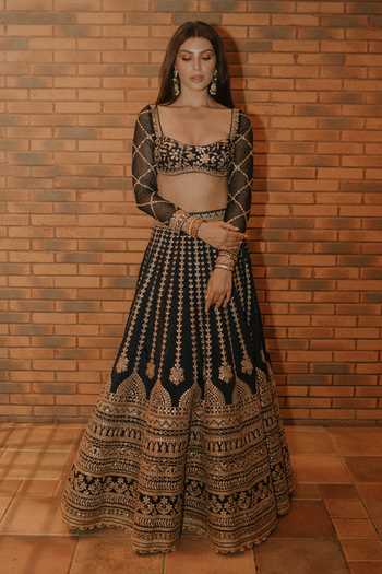 Gopi Vaid Elnaaz Linear Gota Patti Embroidered Blouse With Lehenga 