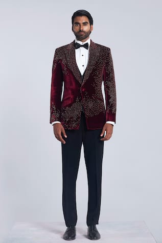 Sarab Khanijou Wine Beaded Embroidered Tuxedo Set 