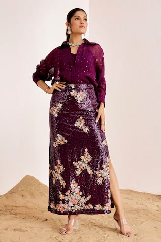 Sequin Embellished Sheer Shirt & Skirt Set 
