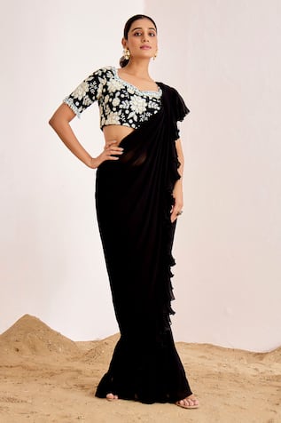 Pre-Draped Saree With Floral Embroidered Blouse 