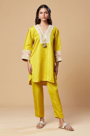 Embroidered Neckline Yellow Kurta & Pant Set For Kids