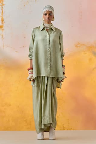 Aseem Kapoor Beaded Collar Silk Shirt & Skirt 