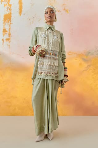 Aseem Kapoor Viana Collar Embroidered Shirt Skirt Set 