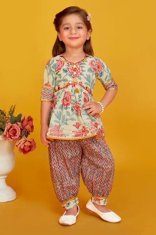 Maaikid Cotton Mirror Embroidered Peplum Kurta With Salwar Pant 