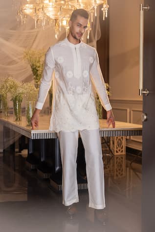 Floral Pattern Embroidered Kurta Aligadhi Set 