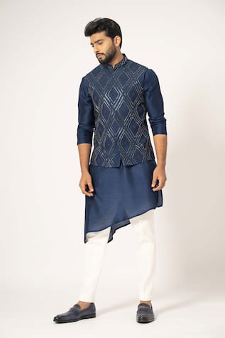 YOSEBA Cutdana Embroidered Indigo Nehru Jacket 