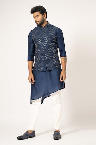 Yoseba Indigo Diagonal Embroidered Nehru Jacket Set 