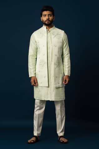 Yoseba Leaf Embroidered Nehru Jacket & Kurta Set 