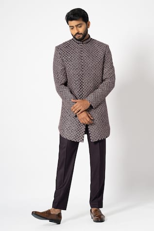 Yoseba Merlot Floral Embroidered Achkan With Pant 