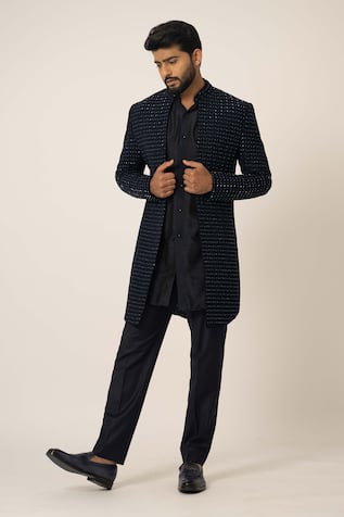 Yoseba Cutdana Embroidered Navy Achkan Set 