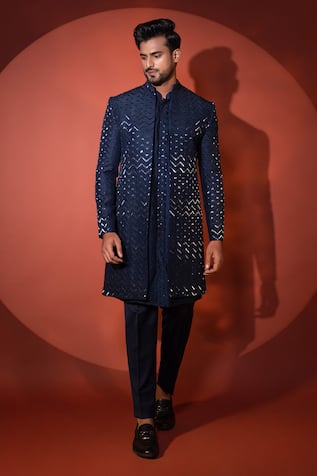 Yoseba Zig Zag Pattern Embroidered Achkan Set 