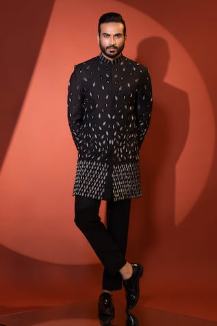 Leaf Motif Embroidered Achkan & Trouser Set For Kids