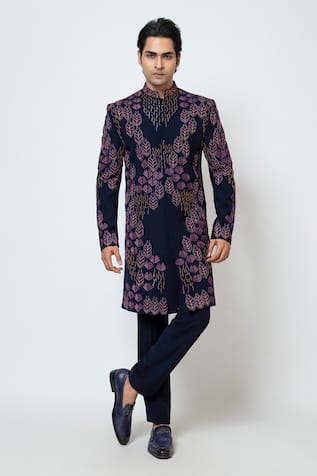 Yoseba French Knot Leaf Motif Achkan Set 