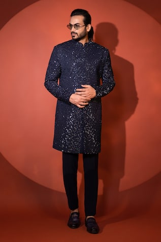 Yoseba Azure Bling Embroidered Achkan With Trouser 