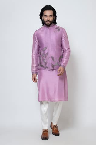 YOSEBA Falling Leaves Embroidered Nehru Jacket Kurta Set 