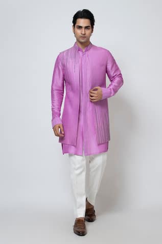 YOSEBA Linear Embroidered Long Line Nehru Jacket Set 