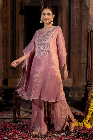 Farha Syed Geometric Yoke Embroidered Kaftan & Pant Set 