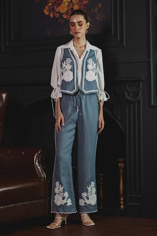 Label Deepika Nagpal Janette Floral Lace Embroidered Vest Pant Set 