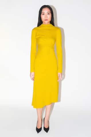 Leh Studios High Neck Draped Yellow Midi Dress 