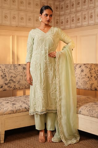 Midushi Bajoria Pearl Embellished Kurta Pant Set 