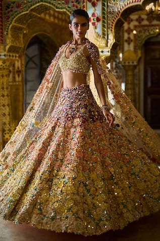 Seema Gujral 3D Ombre Floral Embroidered Bridal Lehenga Set 