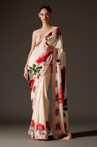 Rohit Bal Rose Bloom Print Saree & Unstitched Blouse Piece Set 