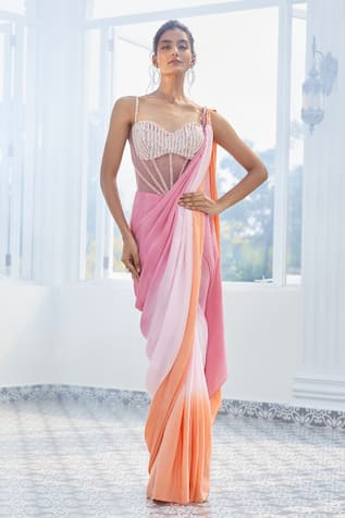 Masumi Mewawalla x AZA Ombre Embroidered Corset Saree Gown 