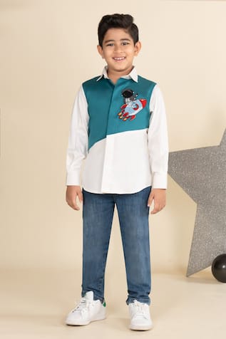 LITTLE BOYS CLOSET Astronaut Embroidered Color Block Shirt 