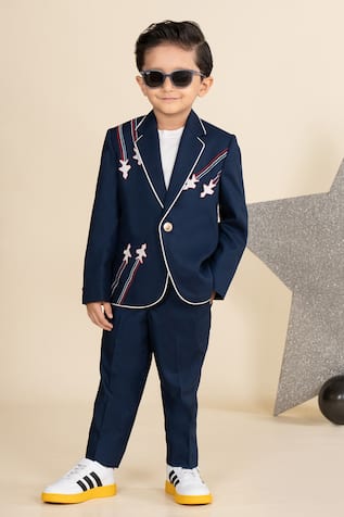 LITTLE BOYS CLOSET Aeroplane Embroidered Yoke Blazer With Pant 