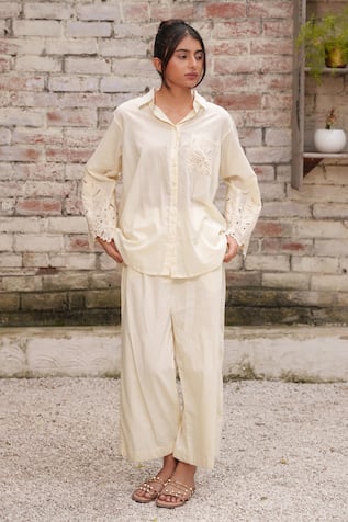 OurDve Floral Cutwork Shirt & Pant Set 