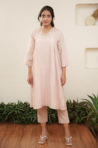 OurDve Floral Embroidered Neckline Kurta & Pant Set 