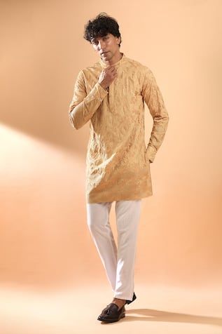 Gold Laser Cut Applique Kurta Set For Kids