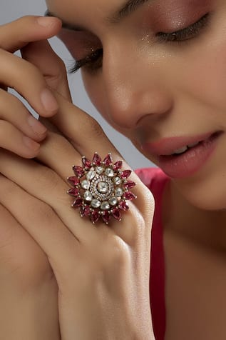 Victorian Moissanite Polki Embellished Floral Ring 