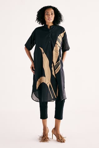 Kharakapas Shadow Leaf Print Button Down Kurta With Pant 