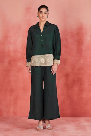 Sue Mue Reet Floral Border Embroidered Shirt & Pant Set 