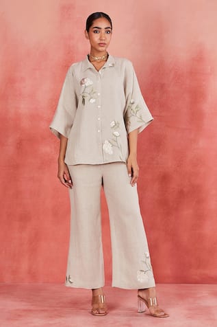 Sue Mue Lara Floral Placement Embroidered Shirt & Pant Set 