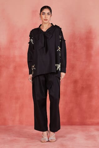 Sue Mue Raha Floral Vine Embroidered Shirt & Pant Set 