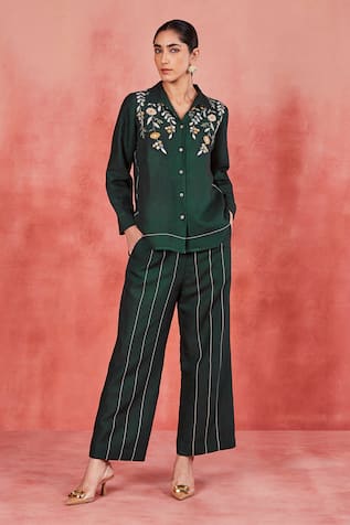 Sue Mue Yana Floral Embroidered Shirt & Pant Set 