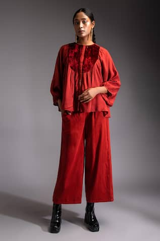 Jayati Goenka Lush Velvet Applique Yoke Blouson Top With Trouser 