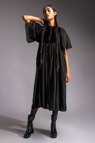 Jayati Goenka Noir Moonlit Velvet Applique Yoke Midi Dress 