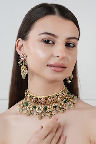 Kundan & Enamel Embellished Choker Necklace Set 